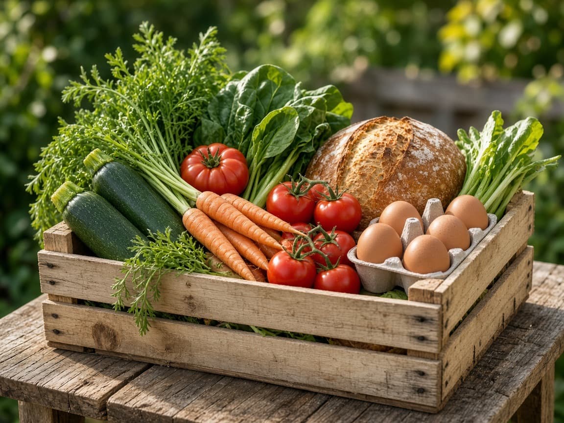 A mixed produce box with tomatoes, carrots, zucchini, leafy greens, eggs and a sourdough loaf
